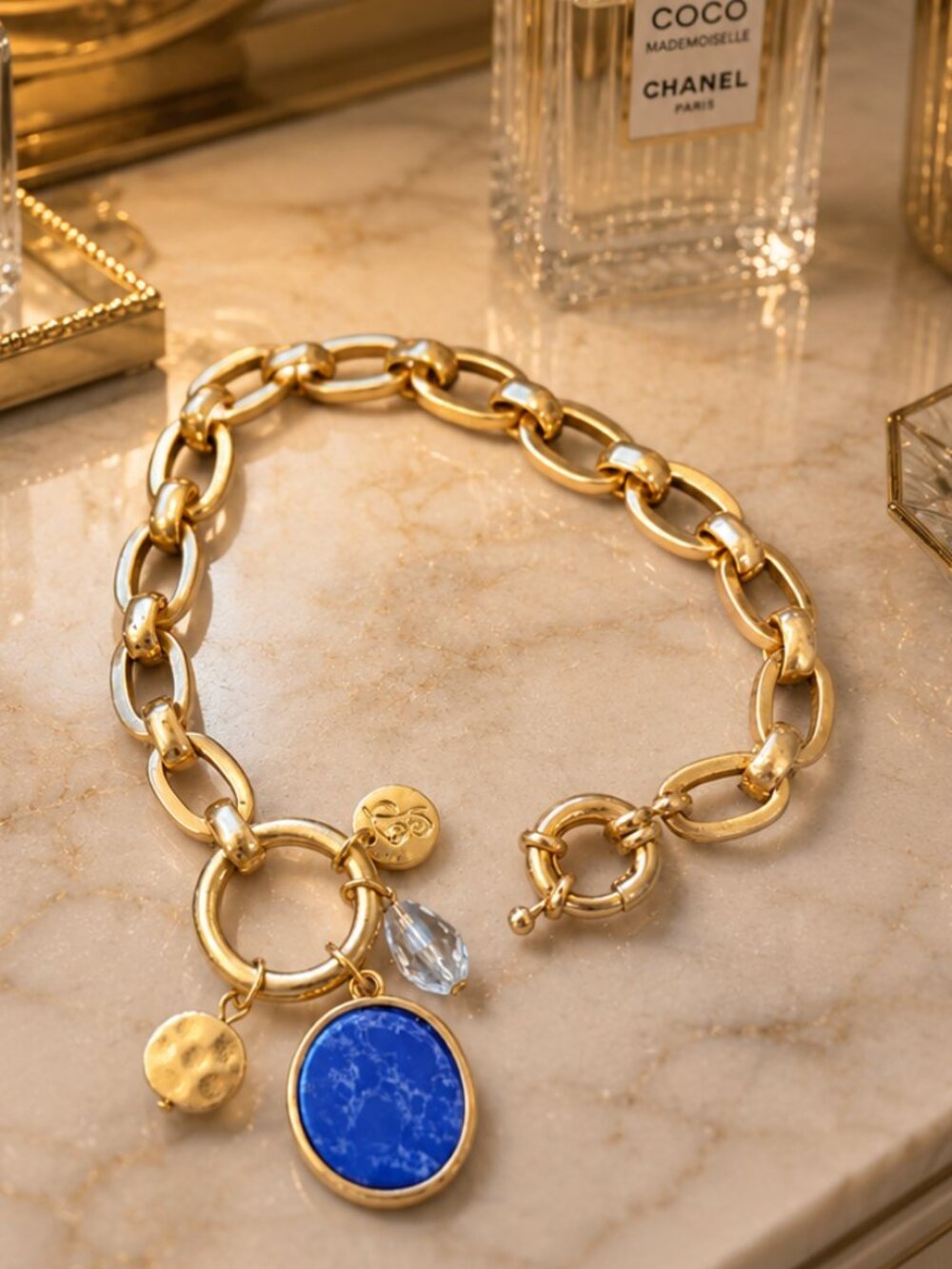 Plunder Gold Tone Charm Bracelet Blue Stone Crystal Toggle Clasp Statement Brace